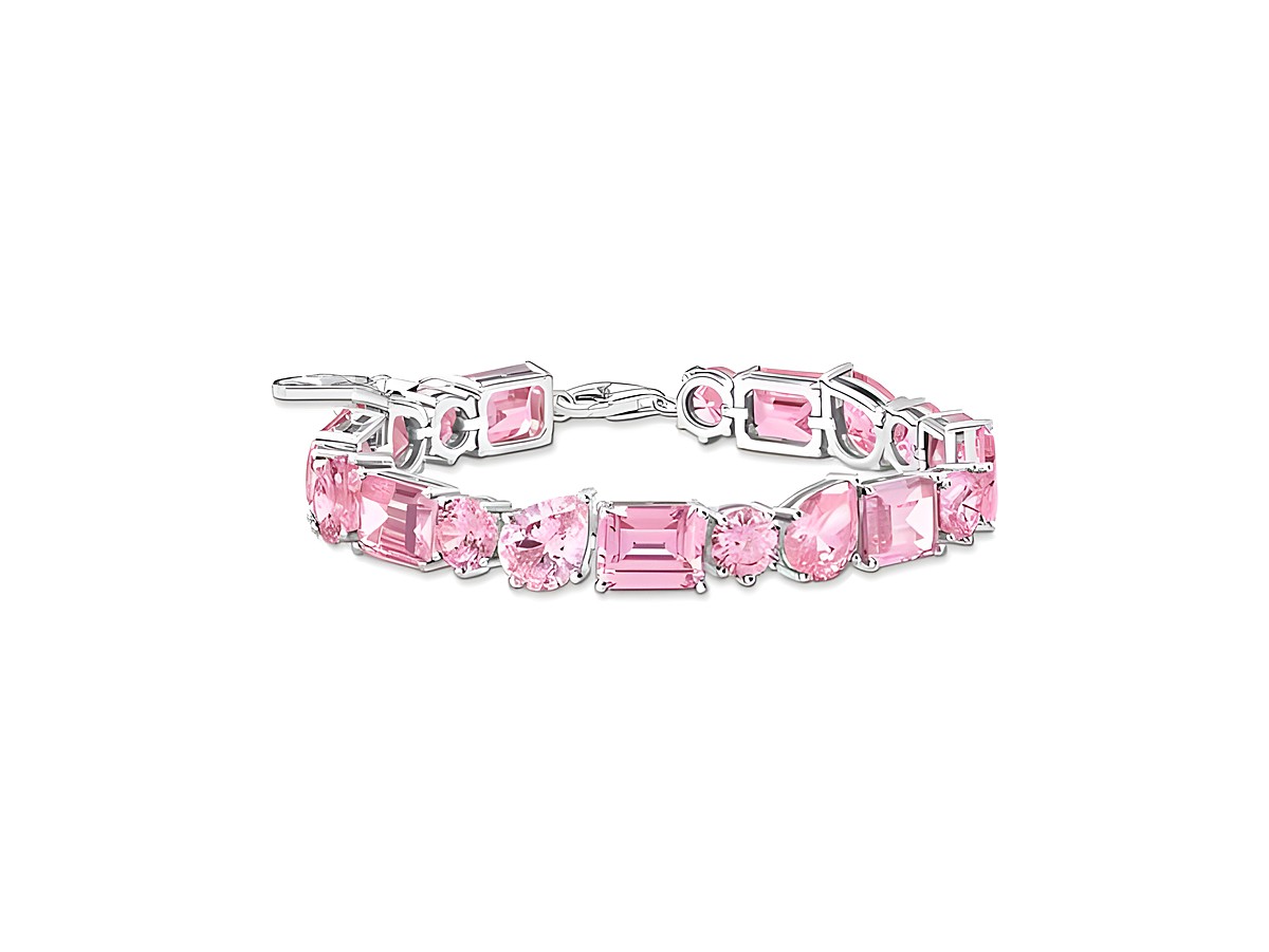 Silbernes Armband aus der Heritage Glam Tennis Kollektion von Thomas Sabo, verziert mit rosa und pinken Zirkonia-Steinen, größenverstellbar von 16 bis 19 cm.