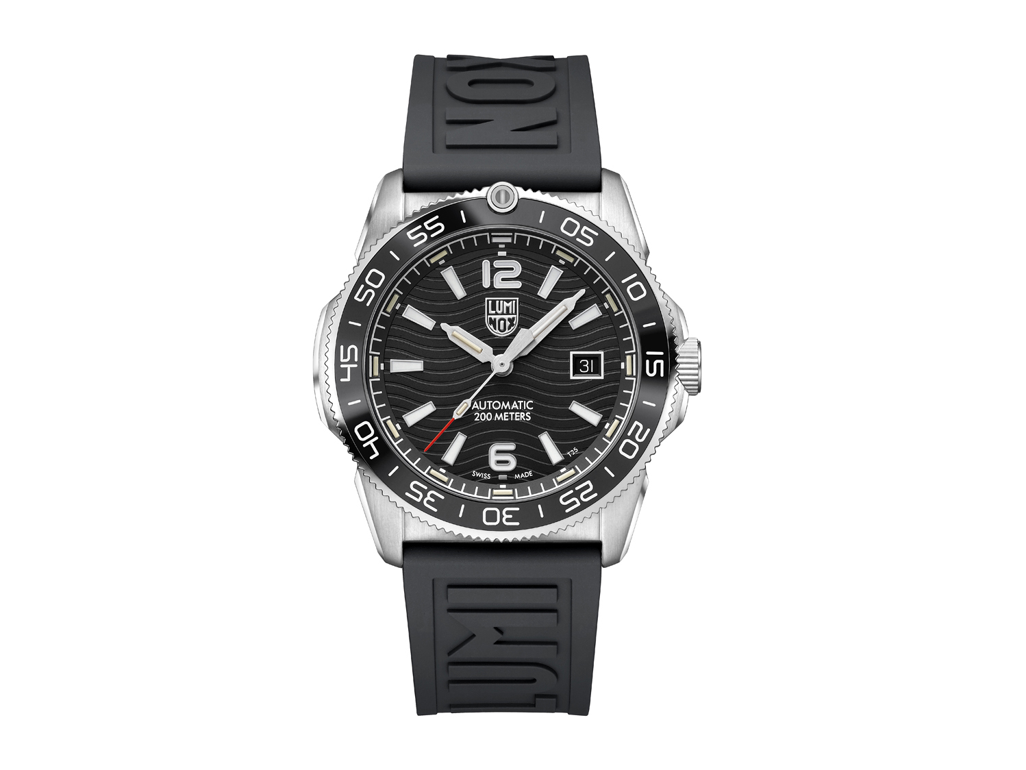 Luminox Uhr XS.3101 aus der SEA Serie in Silber mit einem Durchmesser von 42 mm, schwarzem Ziffernblatt, weißen Indizes und schwarzem Silikonarmband, wasserfest bis 200 Meter.