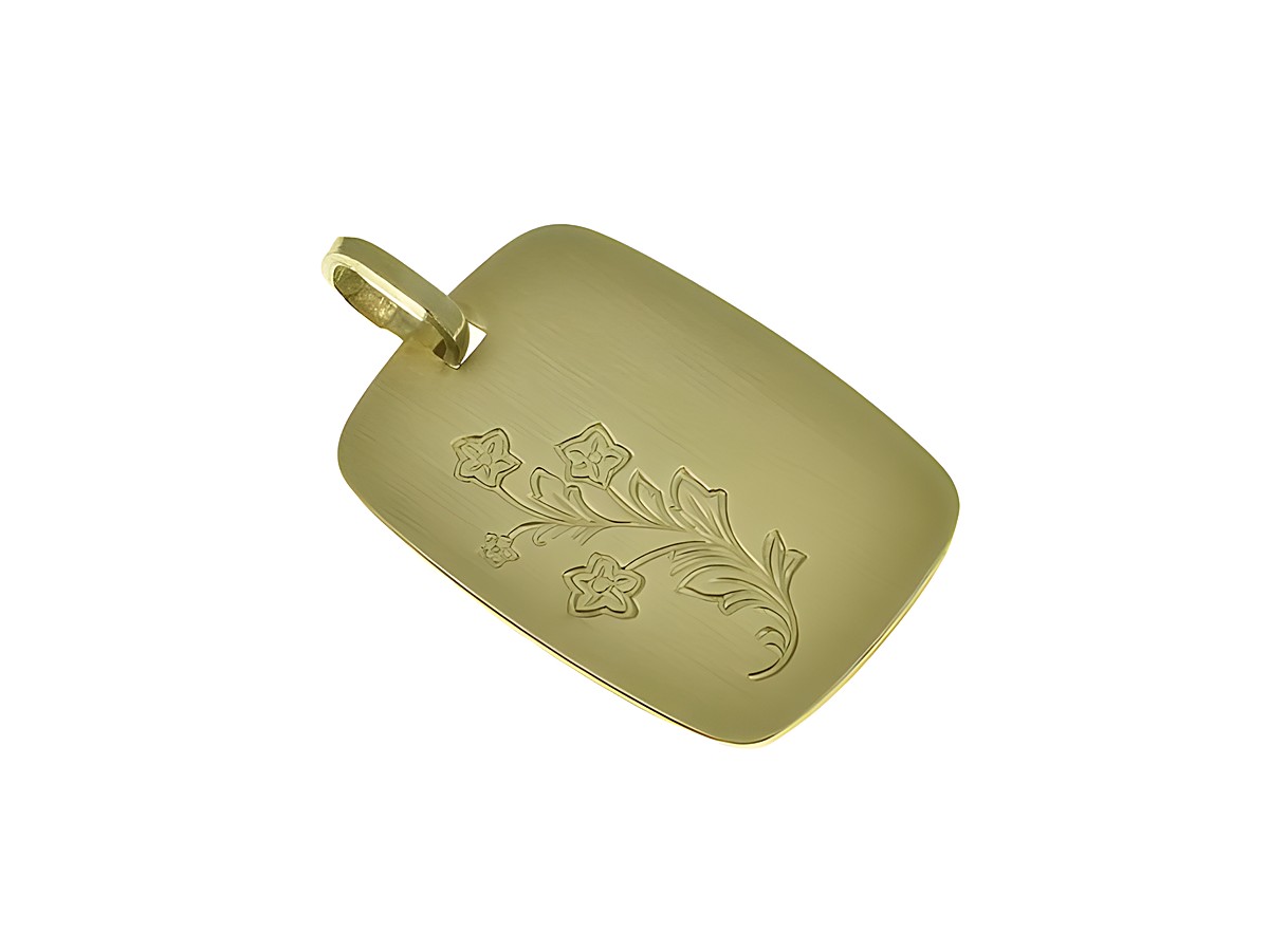 Eine gravierte Goldplakette mit floralem Muster, goldfarben, Maße 22 x 16 mm, von Juwelier Harnisch, geeignet für individuelle Gravuren.