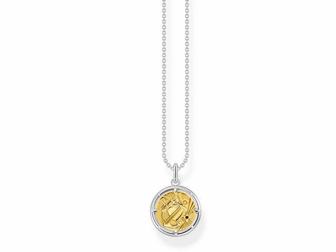 Thomas Sabo Glaube Liebe Hoffnung Kette aus Sterling Silber mit vergoldetem Anhänger und Zirkonia, Länge 40-45 cm, zeigt einen runden Anhänger mit symbolischen Motiven.