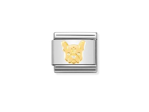 Französische Bulldogge aus Gold auf einem silbernen Hintergrund, Teil der NOMINATION Classic Kollektion, Modell Gold 030162 54, geeignet als schicke Kombination für Armbänder oder Anhänger.