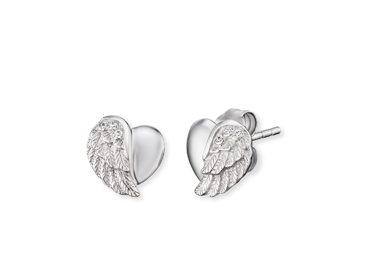 Silberne Ohrstecker in Herzform mit Flügeln und Zirkonia, von der Marke Engelsrufer. Elegantes Design, ideal für besondere Anlässe oder als modisches Accessoire.