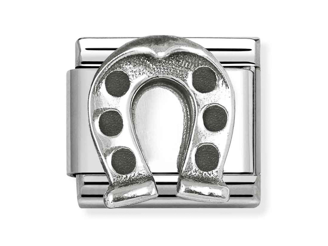 Classic Sterling Silber Charm in Form eines Hufeisens, nach unten offen, mit schwarzen Punkten, geeignet für Armbänder, von Pandora, Neuheiten.