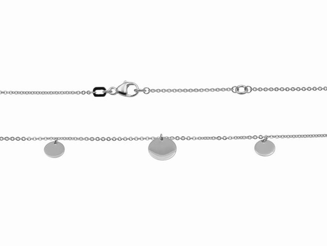 Kette Plättchentrio aus Silber rhodiniert mit drei schlichten, glänzenden Plättchen, Länge 42 cm und 45 cm, gefertigt von Juwelier Harnisch, elegantes und modernes Design.