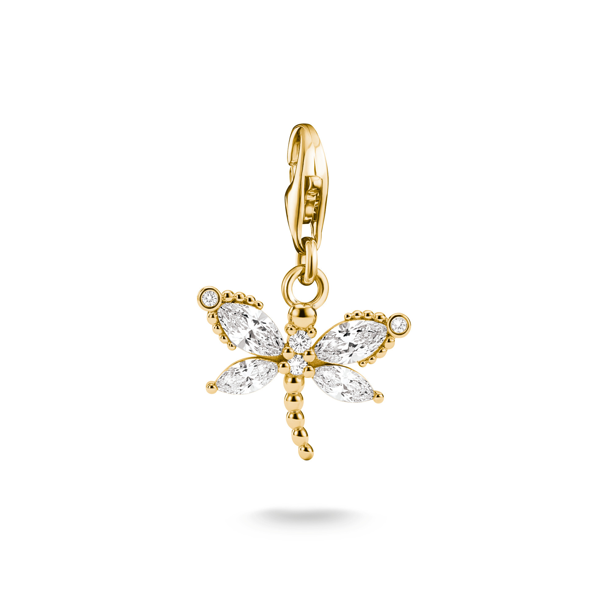 Thomas Sabo Charm Libelle aus 18k Gelbgold Vergoldung mit Zirkonia-Steinen, filigranes Design, schillernde Details, perfektes Schmuckstück für individuelle Anhänger.