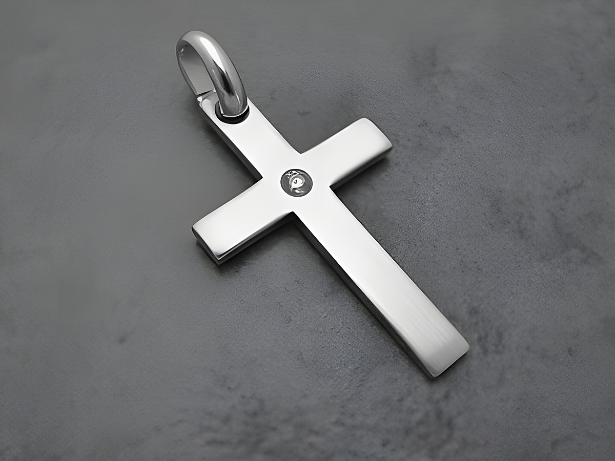 Kreuz Anhänger aus 35 mm Sterling Silber rhodiniert mit funkelndem weißen Zirkonia Stein, Hersteller Juwelier Harnisch, elegant und zeitlos im Design.