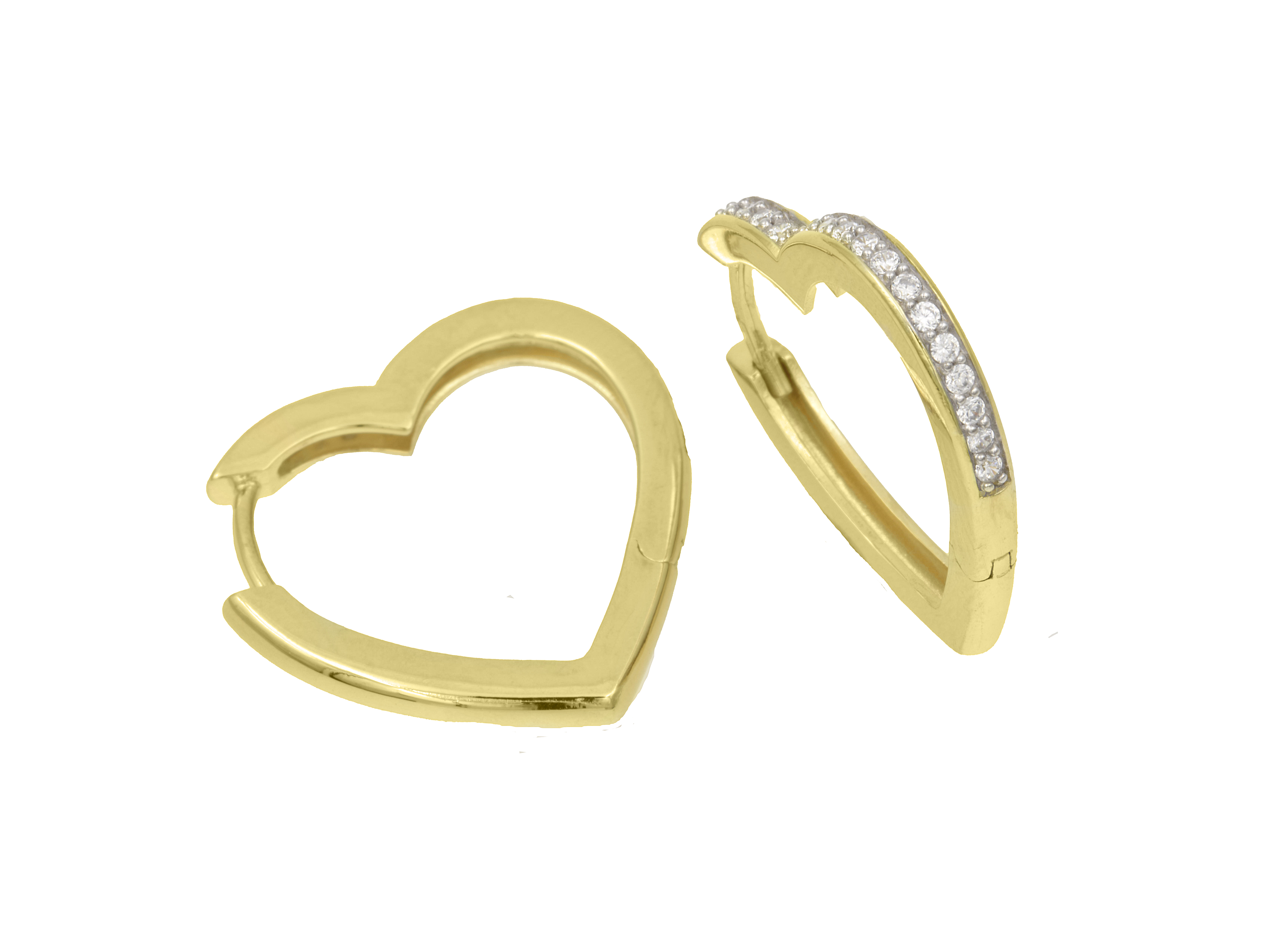 Ohrringe in Herzform aus Sterling Silber mit Gelbgold Vergoldung und Zirkonia-Steinen, 22 mm groß, von Hersteller Juwelier Harnisch, neuartige Silber Ohrringe.