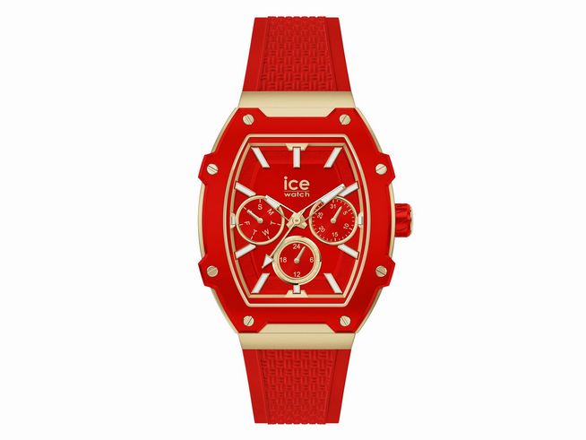 Ice Watch Uhr 022870 ICE boliday Passion Red Small mit rotem Gehäuse und Armband sowie goldenen Akzenten, zeigt ein sportliches Ziffernblatt mit drei kleinen Ziffernblättern und einer markanten Form.