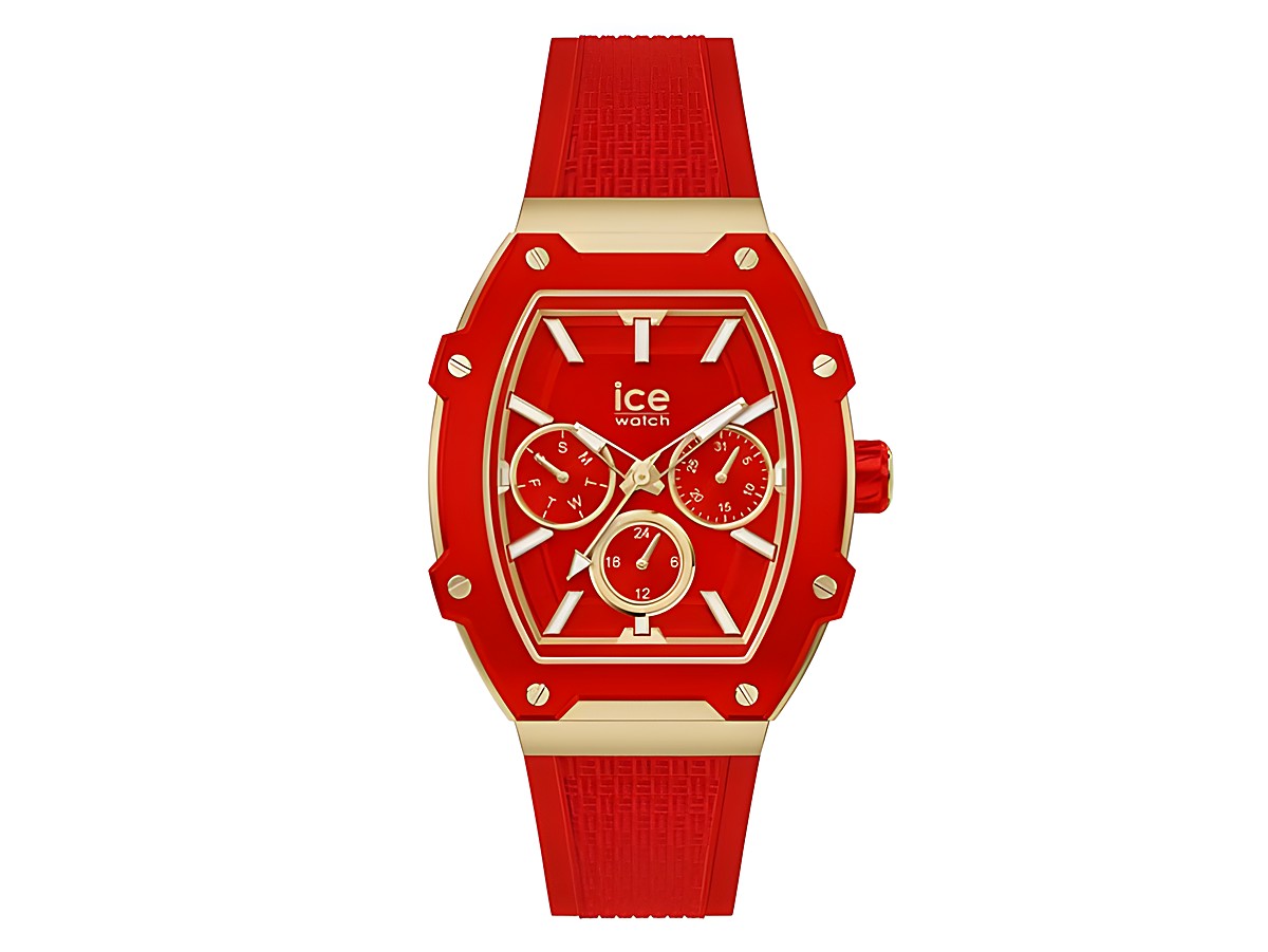 Ice Watch Uhr 022870 ICE boliday Passion Red Small mit rotem Gehäuse und Armband sowie goldenen Akzenten, zeigt ein sportliches Ziffernblatt mit drei kleinen Ziffernblättern und einer markanten Form.