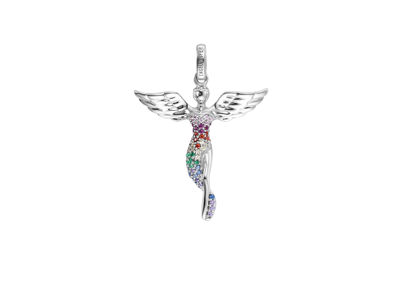 Engelsrufer ERP-ANGEL-S-ZIM ANGEL Anhänger Engel mit Zirkonia with zirconia Multicolor - Silber rhod. - 2,5 cm Engelsrufer ERP-ANGEL-S-ZIM ANGEL Anhänger aus rhodiniertem Silber, 2,5 cm groß, gestaltet als Engel mit bunten Zirkonia, ideal als Schmuckstück oder Geschenk.