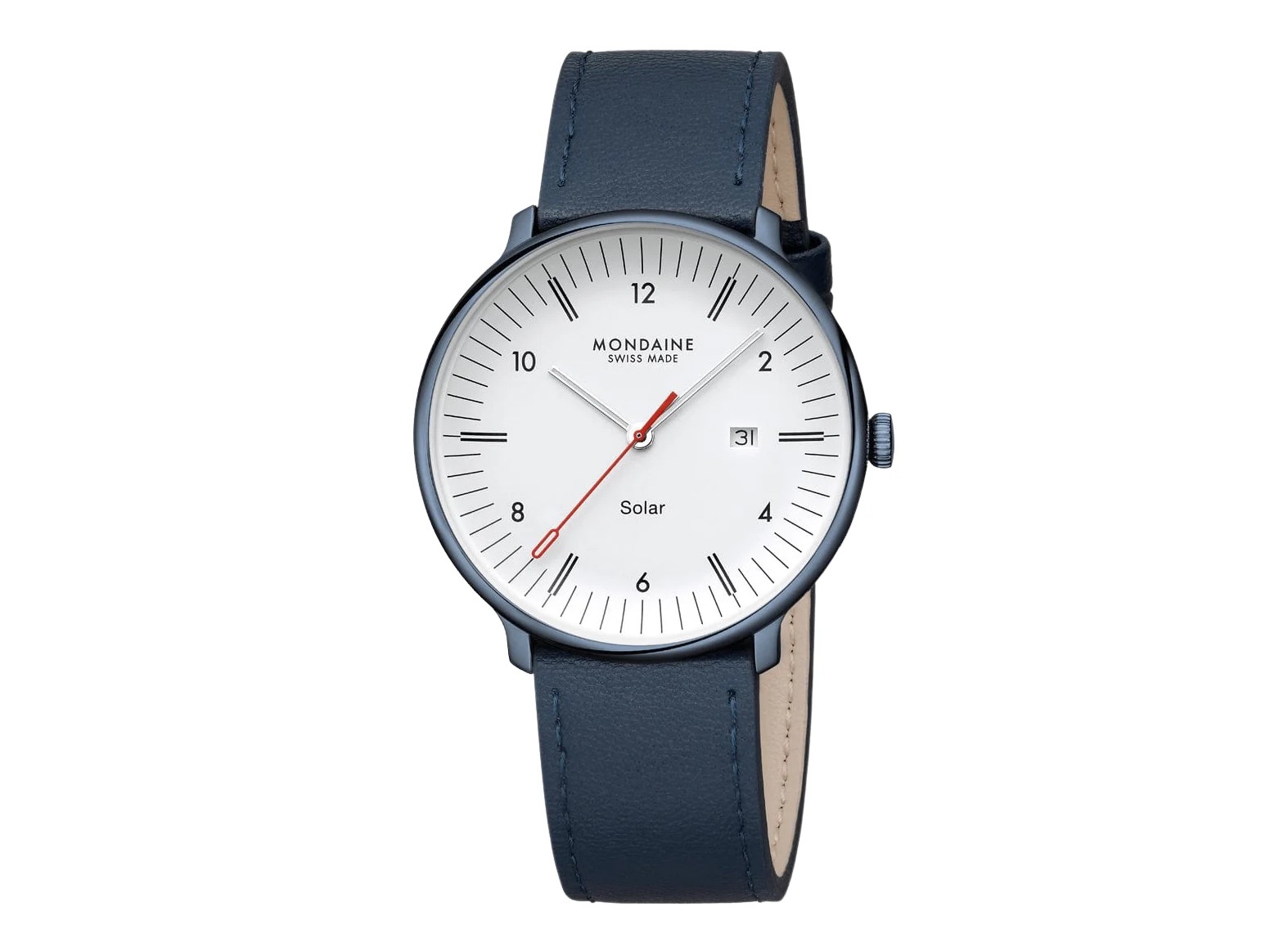 Mondaine Doppio Big Solar Uhr in Blau mit 41 mm Gehäuse, weißem Ziffernblatt, rotem Sekundenzeiger und Datumsanzeige, elegantes Lederarmband, modernes Design für den Alltag.