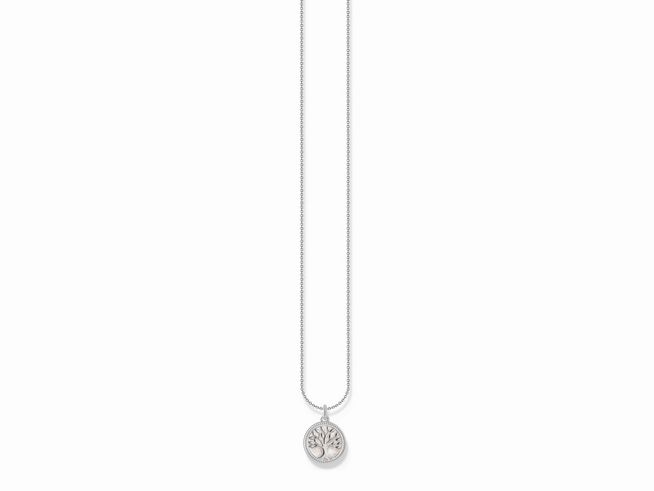 Kette von Thomas Sabo mit einem Anhänger in Form eines Lebensbaums aus Silber und Emaille, verstellbare Länge von 38 bis 45 cm, elegante und symbolische Schmuckstück.