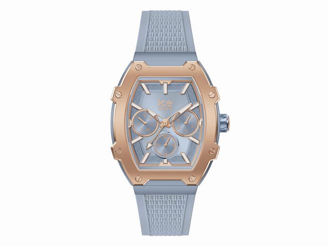 50441384-0 Die Ice Watch Uhr 022860 ICE boliday Glacier Small zeigt ein elegantes Design mit einem blauen Zifferblatt und roségoldenen Akzenten sowie einem strapazierfähigen blauen Armband.