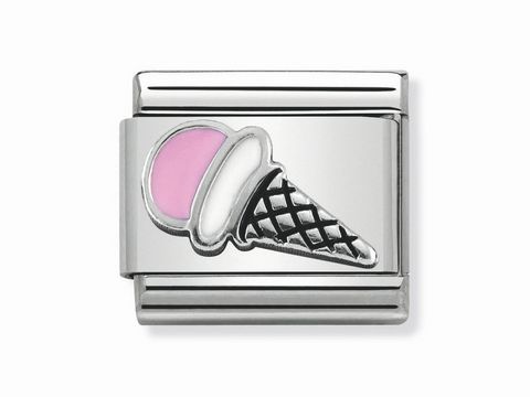 Eisrosa Charm von Nomination aus Silber mit Motiv eines Eises in Waffel. Das Design kombiniert Farben und Symbole für einen verspielten Look. Ideal für Armbänder.