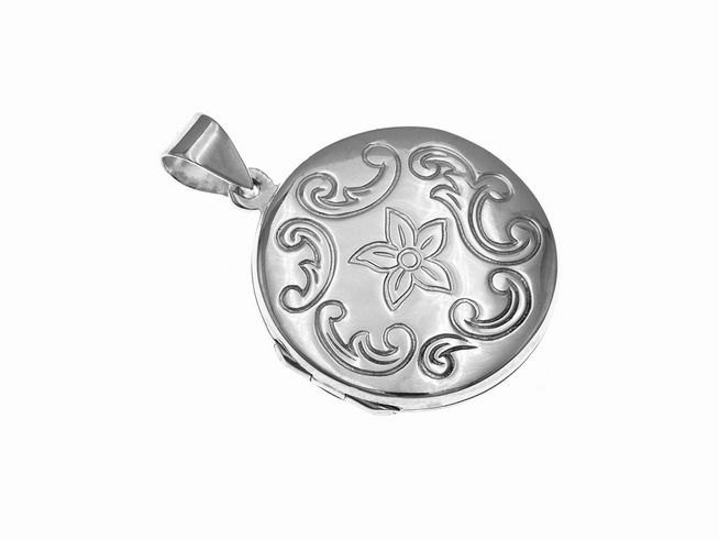 Rundes silbernes Medaillon mit blütenförmiger Gravur, geeignet für zwei Bilder, Hersteller Juwelier Harnisch. Elegantes Design mit kunstvollen Verzierungen.