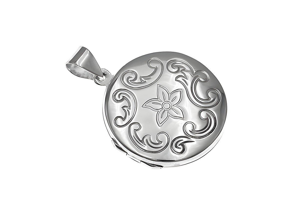 Rundes silbernes Medaillon mit blütenförmiger Gravur, geeignet für zwei Bilder, Hersteller Juwelier Harnisch. Elegantes Design mit kunstvollen Verzierungen.