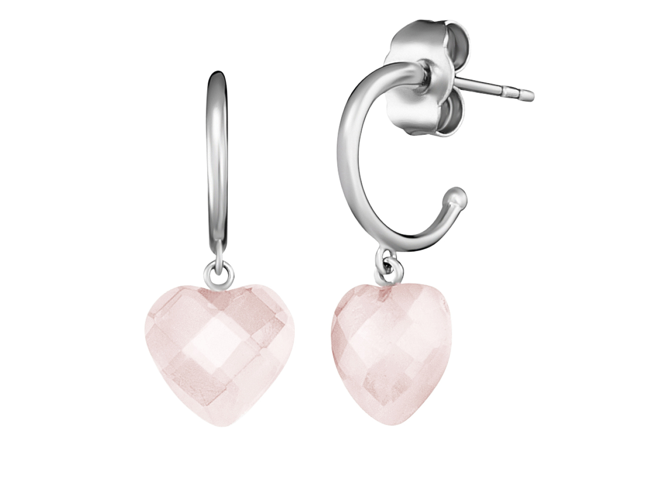 Zwei Ohrringe aus rhodiniertem Silber mit einem herzförmigen Anhänger aus rosa Rosenquarz, der 12 mm groß ist und facettiert wirkt. Ideal für ein elegantes Accessoire.
