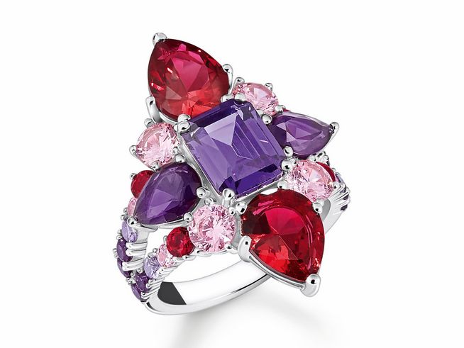 Eleganter Thomas Sabo Ring in Silber mit violetten und roten Glas-Keramik Steinen sowie synth. Korund und Zirkonia, Größe 56, aufwendig gefasst für glamourösen Look.