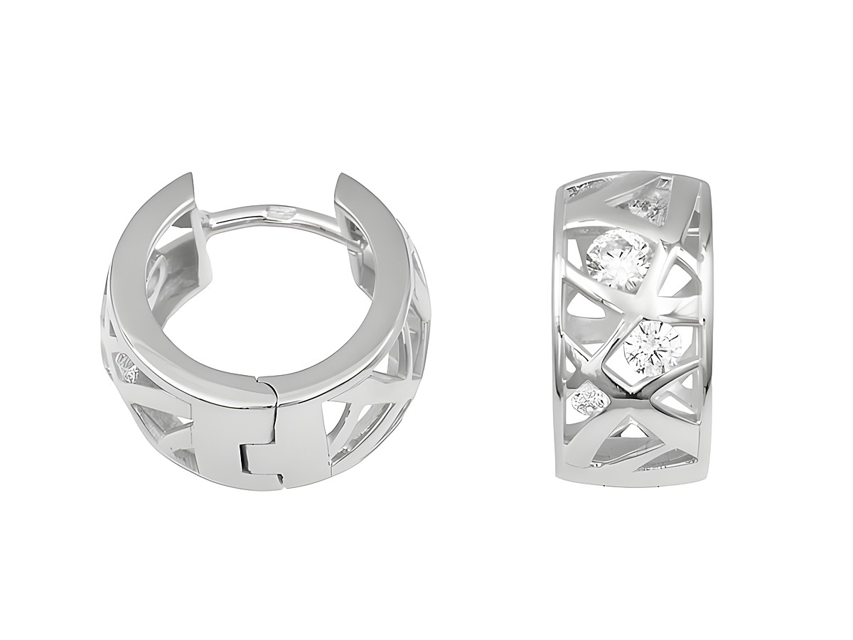Glitzernde Creolen aus rhodiniertem Sterling Silber mit einem modernen Netzdesign und klaren Zirkonia, Durchmesser 1,3 cm, von Juwelier Harnisch, stilvoll und elegant, ideal für jeden Anlass.