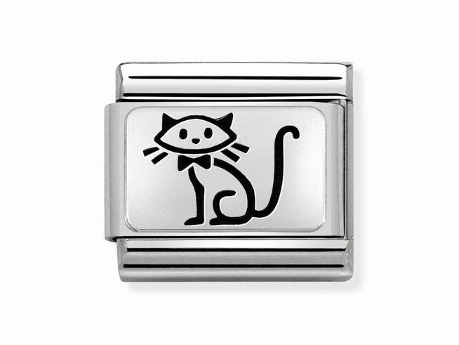 433010953-0 Eine silberne Nomination Classic Sterling Silver oxid Katze mit niedlicher Zeichnung und schwarzem Hut auf einer glatten Oberfläche des Charms. Ideal für Tierliebhaber und Schmuckfans.