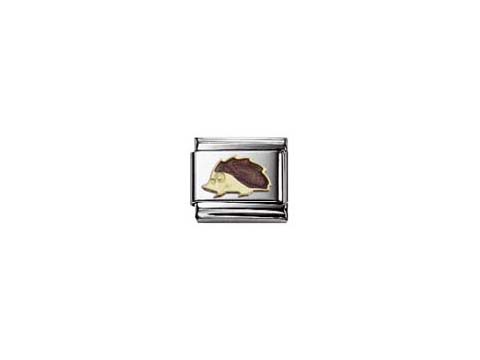 Ein emaillierter Charm von Nomination mit einem Igel-Design. Der Igel ist liebevoll gestaltet und zeigt sich auf einem silbernen Hintergrund, ideal für Tierliebhaber.