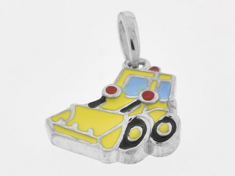 Silber Anhänger in Form eines Schaufelbaggers, rhodiniert mit gelbem und buntem Lack, originell gestaltet, Hersteller: Juwelier Harnisch, geeignet für Kinder.