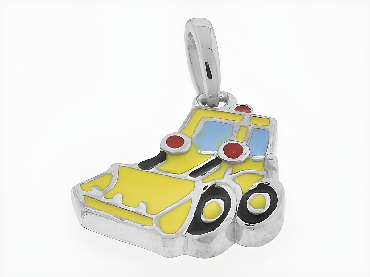 Silber Anhänger in Form eines Schaufelbaggers, rhodiniert mit gelbem und buntem Lack, originell gestaltet, Hersteller: Juwelier Harnisch, geeignet für Kinder.