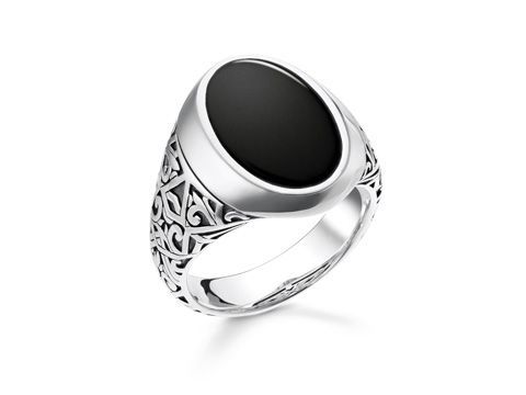 Silberner Ring von Thomas Sabo mit schwarzem Stein, detailreiche Ausarbeitung und verspieltem Design, Größe 56, Modell TR2242-698-11-56.