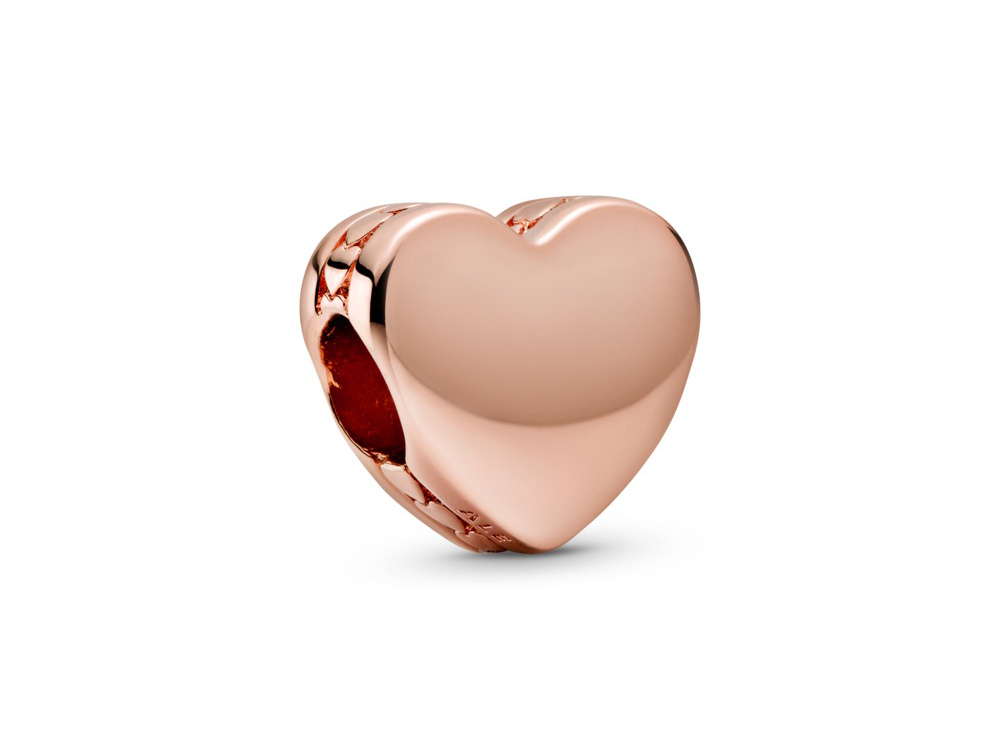 Pandora 782015C00 Herz Charm - Roségold Vergoldung - inkl. Gravur BEIDSEITIG Pandora 782015C00 Herz Charm in Roségold Vergoldung, glänzende Herzform mit glatten Oberflächen, ideal für Schmuckstücke und individuelle Gestaltung.
