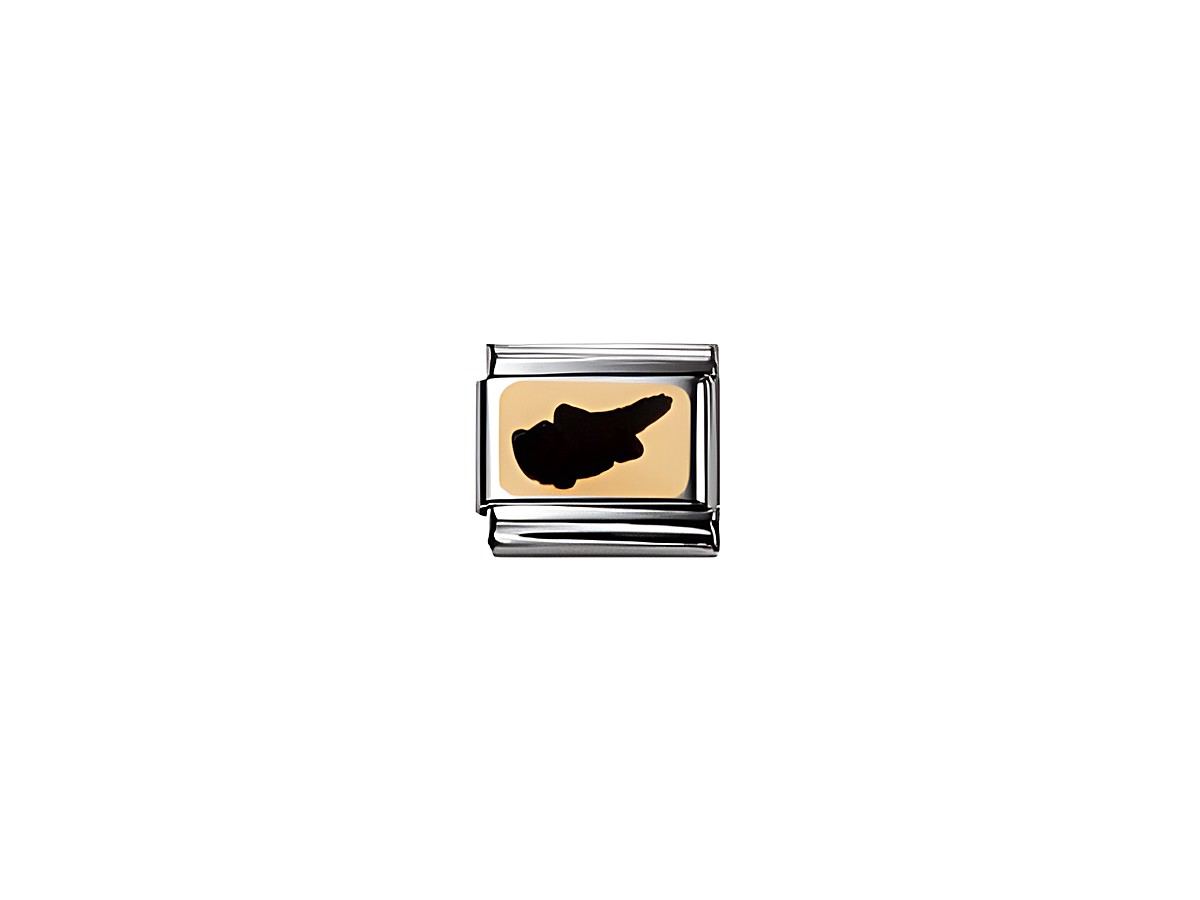 Zypern Classic GEOGRAPHY emaill von Nomination zeigt ein breites, rechteckiges Element mit schwarzem Umriss eines Landkonturs auf goldenem Hintergrund, eingerahmt in einem silbernen Metallrahmen.