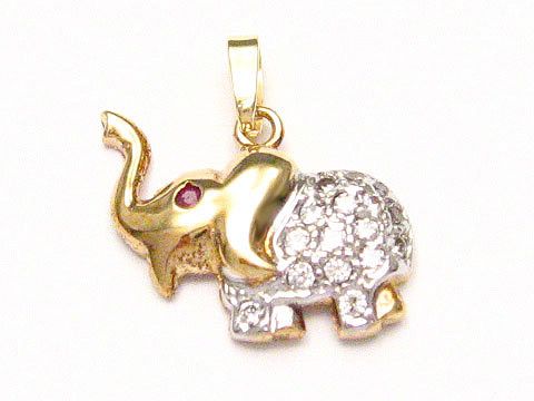 Elefant mittel Gold 585 Anhänger Elephantidae, hergestellt von Juwelier Harnisch, dekoriert mit Zirkonia und einem roten Detail. Ideal als Schmuckstück für jeden Anlass.