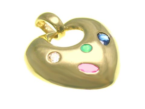 Herz-Diamant Gold 585 Anhänger in Gelbgold mit bunten Steinen; edler Schmuck von Juwelier Harnisch, Größe 17 mm, ideal für besondere Anlässe oder zum Verschenken.