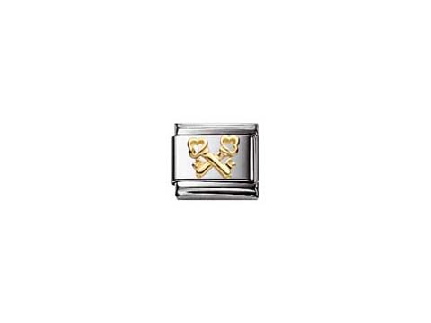 Schmuckelement von Nomination Classic 030122 16, aus Edelstahl mit goldenen Herzen und Schlüsselmotiven, ideal zur Gestaltung individueller Armbänder.