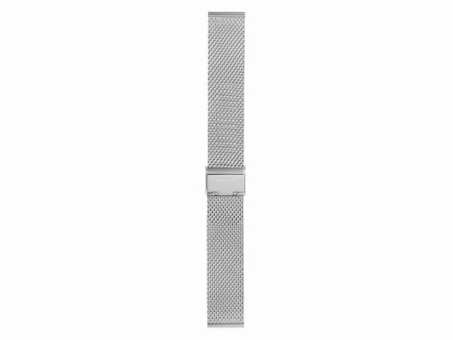 Milanaise Edelstahl Uhrenarmband von Mondaine in silberner Farbe, passend für Modelle mit 0 bis 20 mm. Das Armband hat ein feines Netzdesign und eine einfache Schnalle.