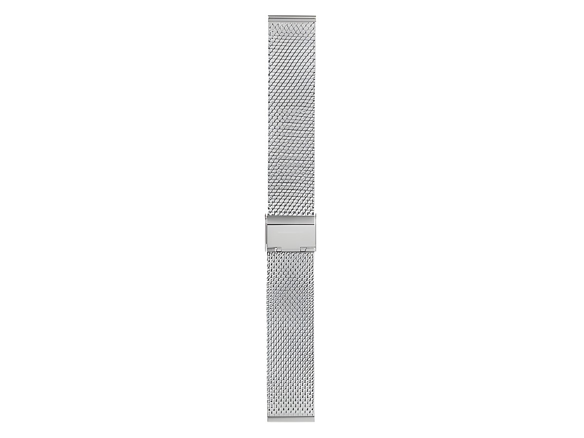 Milanaise Edelstahl Uhrenarmband von Mondaine in silberner Farbe, passend für Modelle mit 0 bis 20 mm. Das Armband hat ein feines Netzdesign und eine einfache Schnalle.