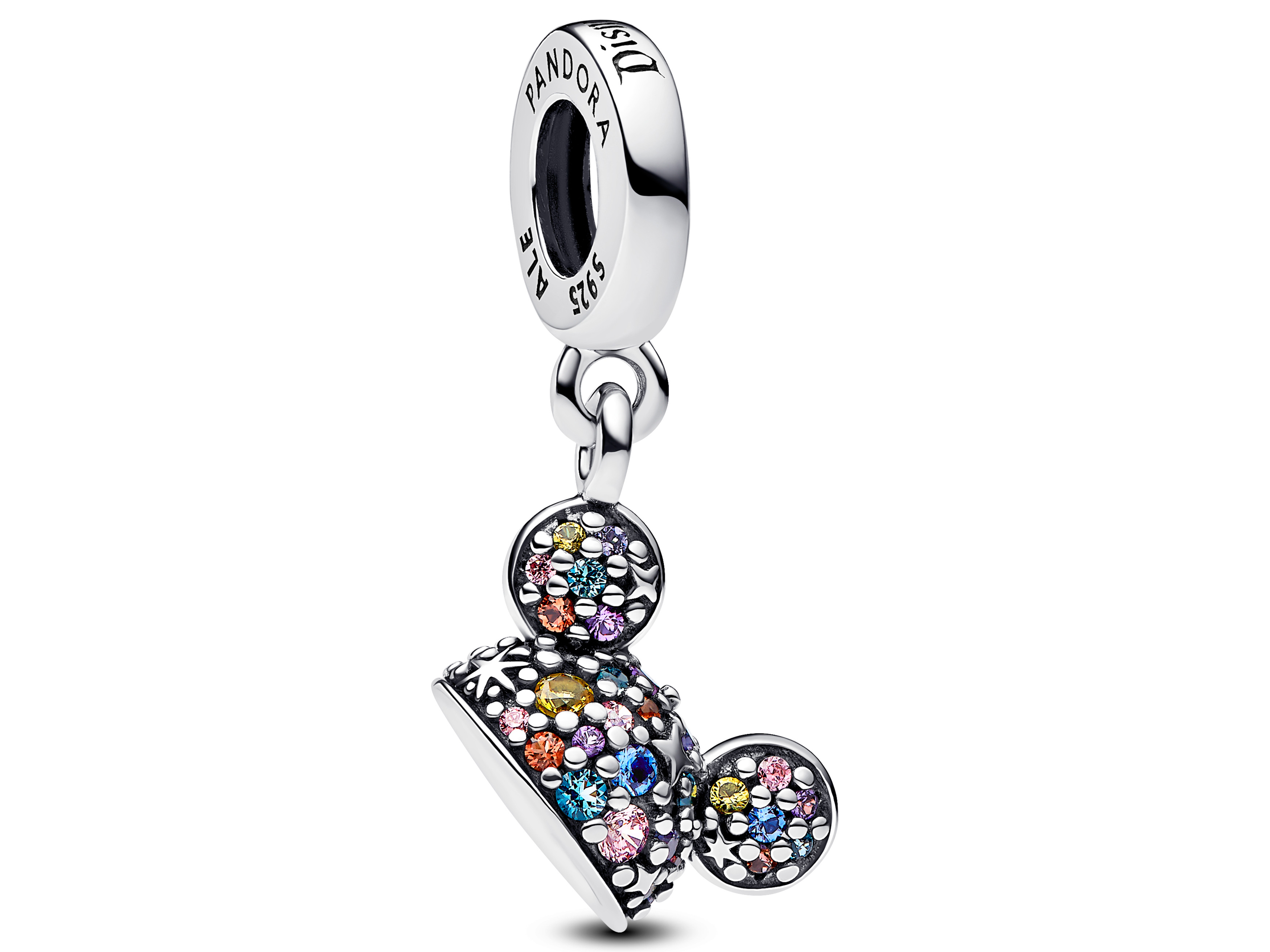 Eine charmante Pandora Charm in Form von Micky Maus Ohren aus Sterlingsilber, verziert mit bunten Zirkonia-Steinen, feiert 70 Jahre Disney Parks. Ein ideales Schmuckstück für Disney-Fans.