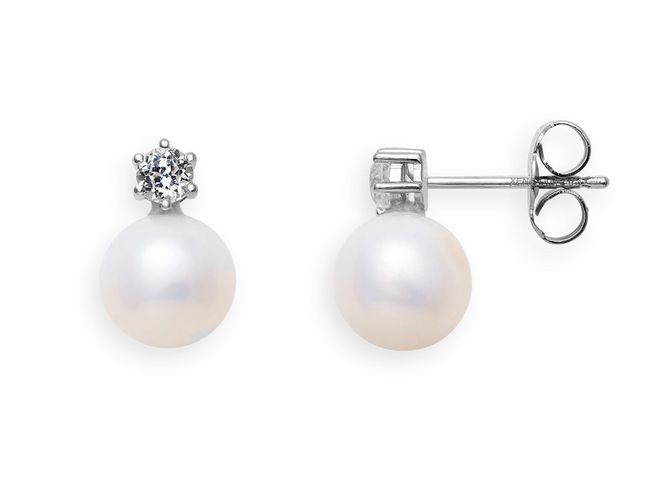 Xenox Weißgold Ohrringe XG4307 mit einer glänzenden Perle und einem funkelnden Zirkonia-Stift, gefertigt aus 375 Weißgold, eleganter Ohrschmuck für besondere Anlässe.