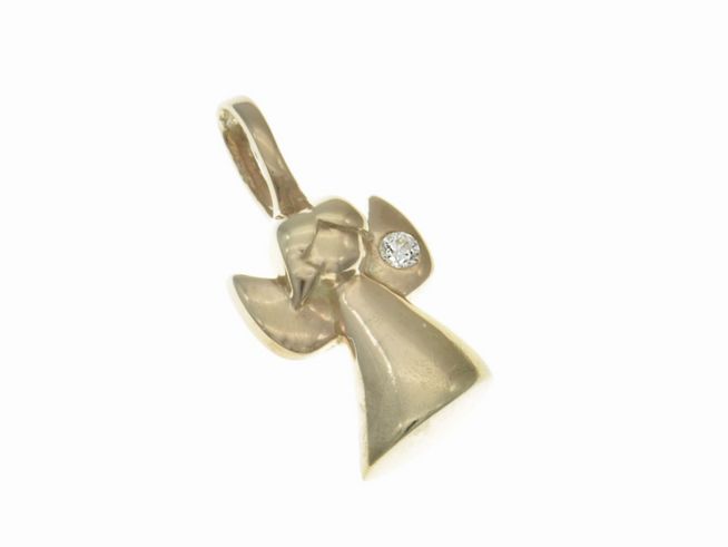 304645-0 Der Anhänger zeigt einen zeitlosen Engel aus vergoldetem Silber und Roségold, verziert mit einem weißen Zirkonia, gefertigt von Juwelier Harnisch.