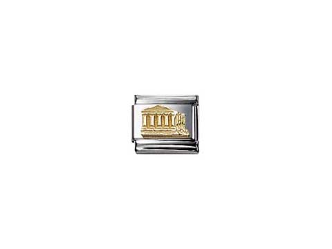 Eine stilisierte Darstellung des Parthenon aus goldfarbener und silberfarbener Metalloberfläche, kunstvoll in einem charmanten Design für Schmuckstücke der Kollektion Nomination.