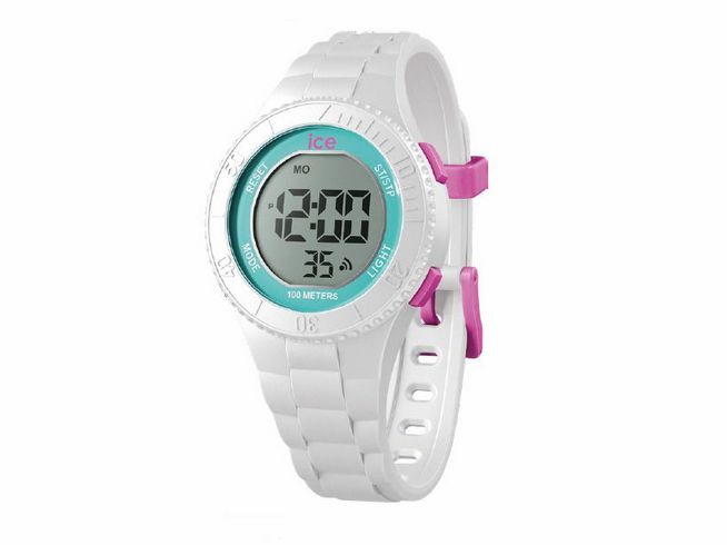 ICE digit in Weiß mit türkisfarbener digitaler Anzeige und lila Knöpfen. Sportliches Design, wasserdicht bis 100 Meter, ideal für aktive Nutzung.