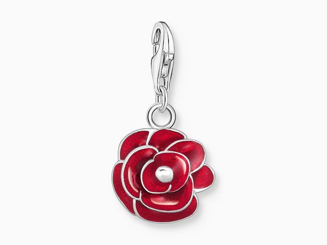 Charm-Anhänger von Thomas Sabo in Form einer roten Rose aus Silber und Emaille mit einer silbernen Perle in der Mitte, ideal für individuelle Schmuckgestaltungen.