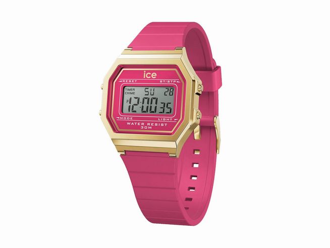 Ice Watch Uhr ICE digit retro in Raspberry sorbet mit rotem Silikonarmband und goldenen Akzenten, digitales Ziffernblatt mit Anzeige von Zeit und Datum, wasserdicht bis 30 Meter.