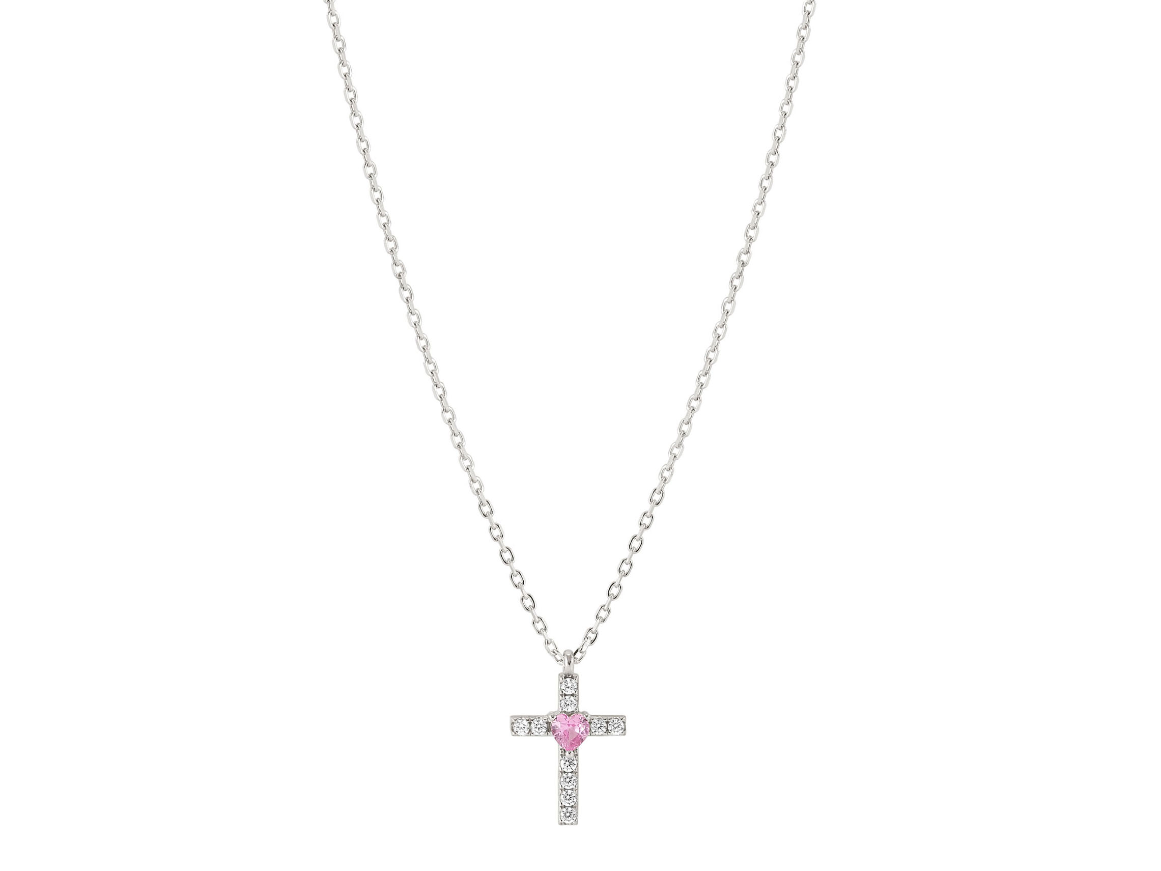 Silberne Halskette mit einem Zirkonia-Kreuz, das in der Mitte einen rosa Stein hat, Länge 44 cm, elegant und modern, von Nomination, ideal für besondere Anlässe.