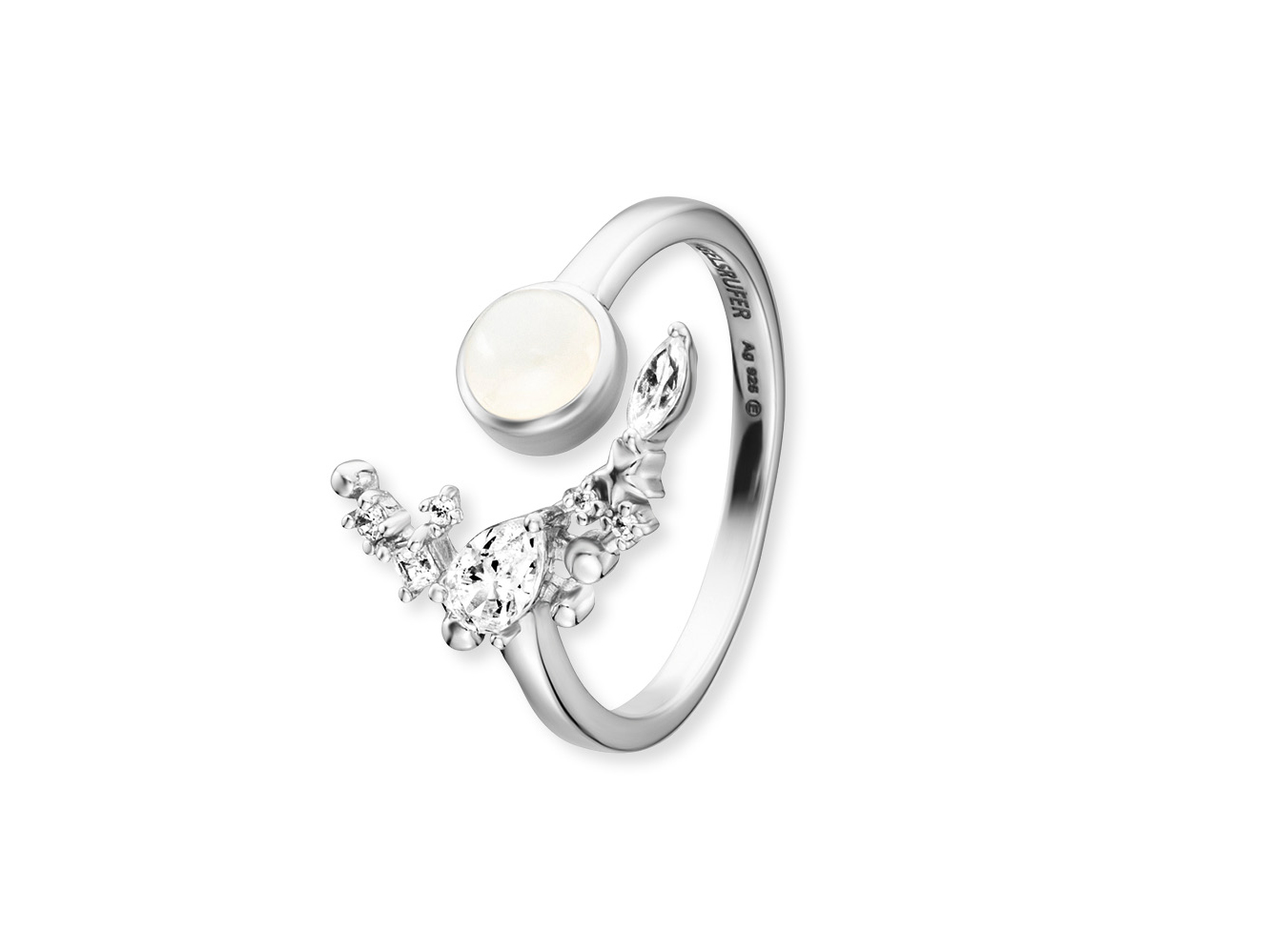 Engelsrufer Ring Moonlight aus rhodiniertem Silber mit Zirkonia und Mondstein, elegantes Design mit schimmerndem Edelstein und filigranen Details, ideal für besondere Anlässe.