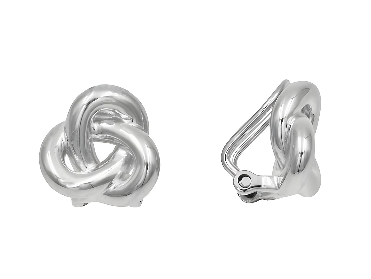 Ohrclips aus poliertem rhodiniertem Sterling Silber in Knotenform, Hersteller: Juwelier Harnisch, elegante und stilvolle Ohrschmuckoption für besondere Anlässe.