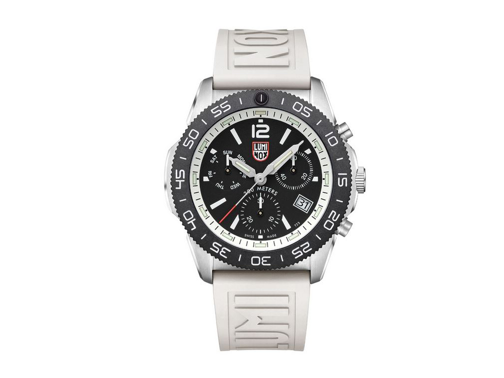 Luminox Uhr SET XS.3141.SET in Weiß mit schwarzem Zifferblatt und silbernem Gehäuse, 44 mm Durchmesser, inklusive Ersatzband. Ocean-Design, ideal für Abenteuer und Alltag.