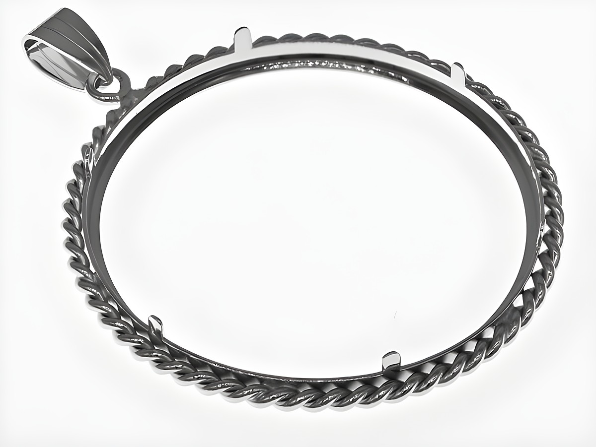 Münzfassung Anhänger aus rhodiniertem 925 Sterling Silber mit Kordel-Design, geeignet für Münzen bis 41 mm Durchmesser und einer Höhe von über 4 cm. Ideal für Juwelier Harnisch. – Ansicht 3