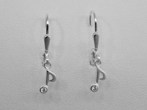 Ohrringe aus 925 Sterling Silber mit musikalischem Notensymbol und Zirkonia Stein, Hersteller Juwelier Harnisch, elegante Ohrhänger.
