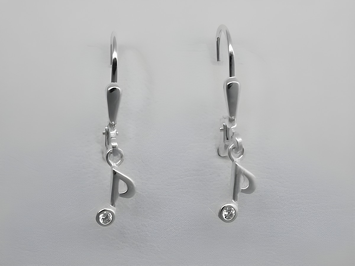 Ohrringe aus 925 Sterling Silber mit musikalischem Notensymbol und Zirkonia Stein, Hersteller Juwelier Harnisch, elegante Ohrhänger.