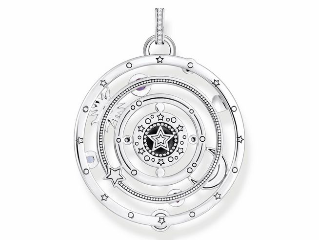 Thomas Sabo Anhänger in Silber mit bunten Emaille- und Glas-Keramikstein-Elementen, geometrisches Design mit einem kosmischen Talisman und Zirkonia, ideal für elegante Akzente.